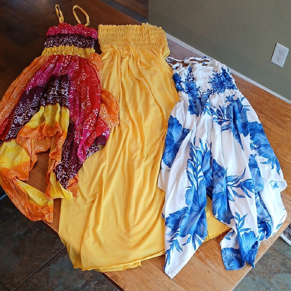 3 Colorful Maxi Dresses Set (Yellow 45in Long, Others Roughly 33in) Small Stain
